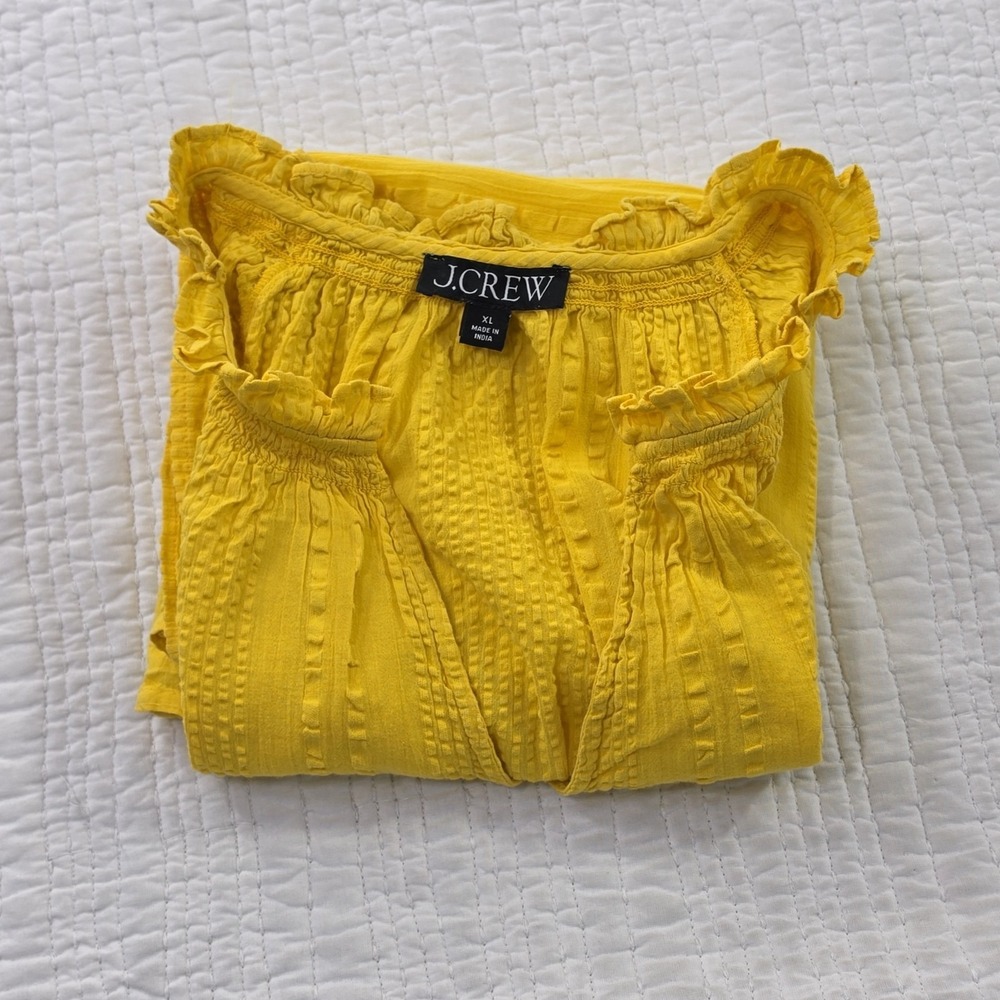 J Crew Ruffle V-Neck Blouse XL Butter Yellow Cotton Textured Short Sleeve Top - Picture 14 of 15